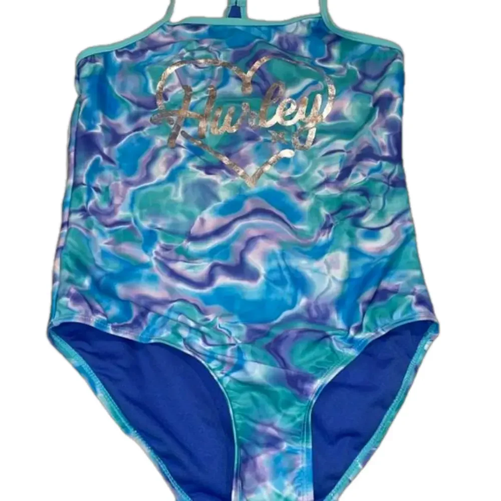 Hurley girls swim one piece. Trimmed in green with swirls of blue/purple. GGG
